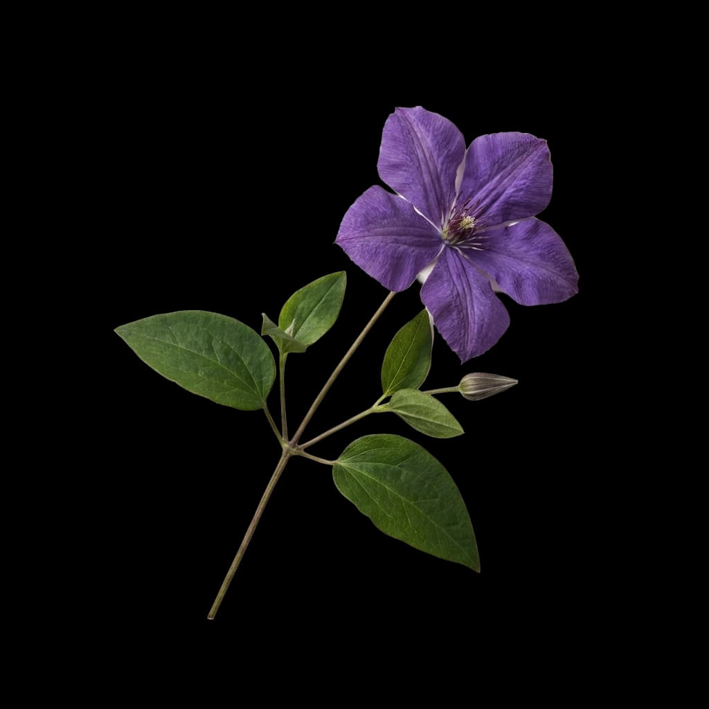 Powojnik (Clematis) — fioletowy kwiat z liśćmi