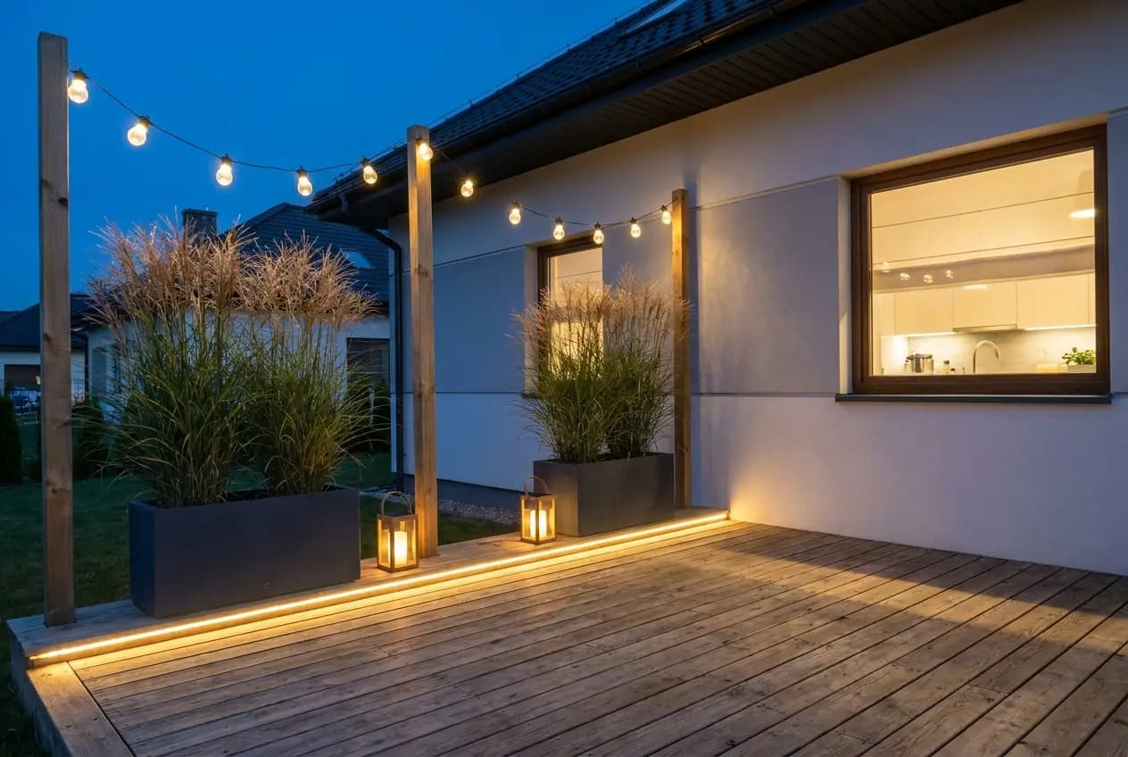 Oświetlenie tarasu - 33 inspiracje na LED, solary i girlandy